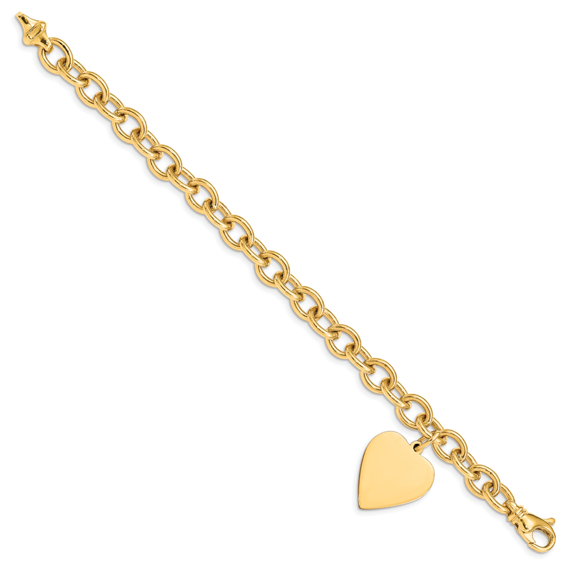 14k Engravable 25x19mm Solid Dangle Heart Charm and Solid Polished Link 7.5 inch Bracelet
