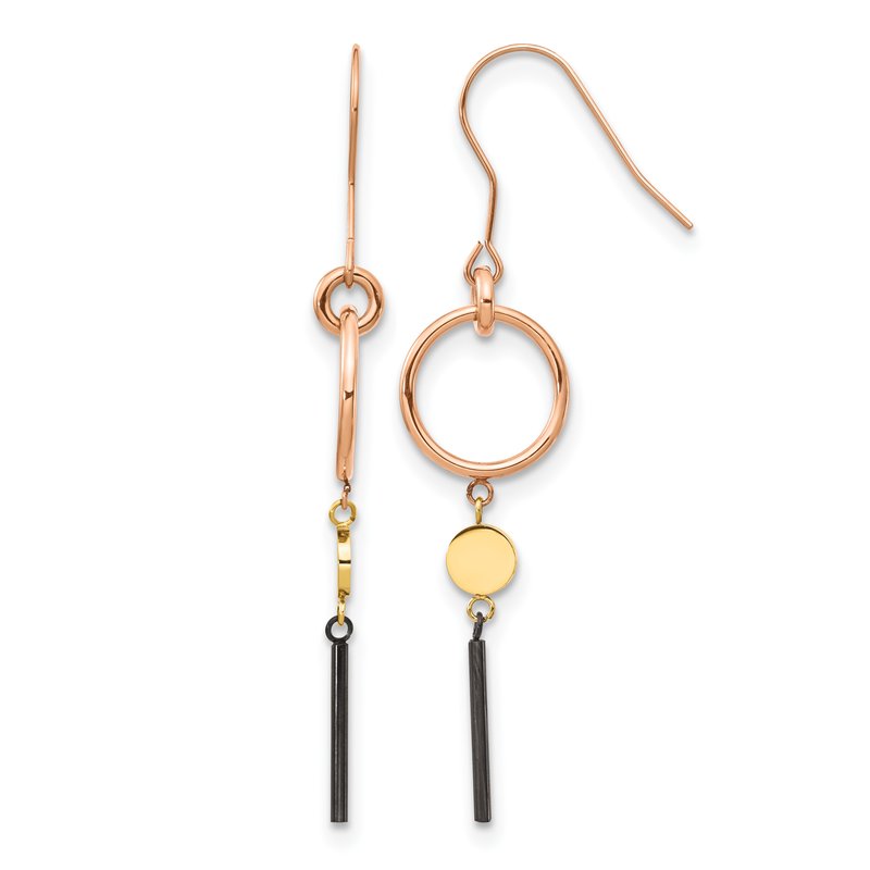 Stainless Steel Polished Black, Rose and Yellow IP-plated Dangle Shepherd Hook Earrings