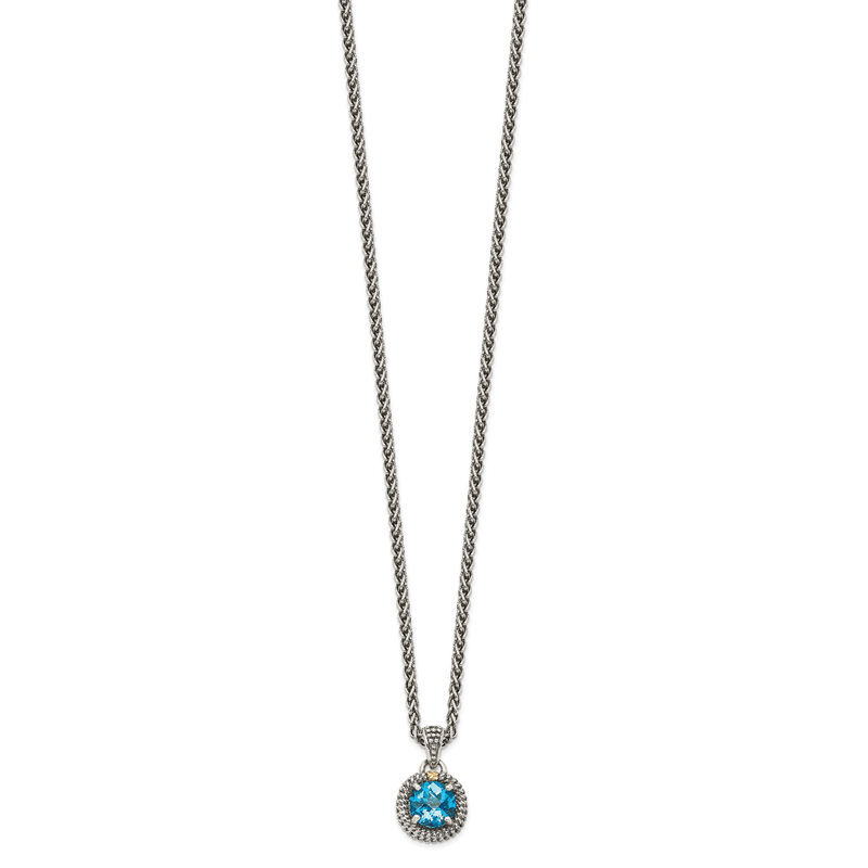 Sterling Silver with 14K Accent 18 Inch Antiqued Round Blue Topaz Necklace