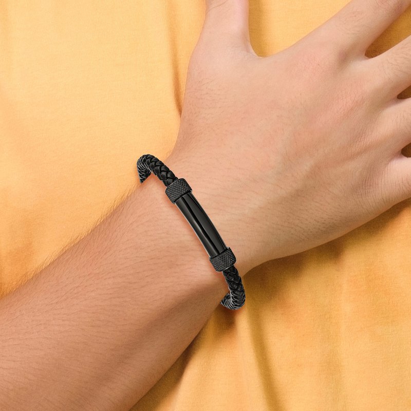 Stainless Steel Polished Black IP-plated Black Braided Leather 8.25 inch Bracelet