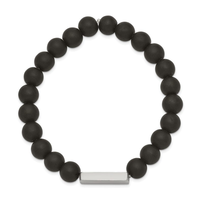 Stainless Steel Brushed ID Plate 8mm Black Agate Beaded Stretch Bracelet