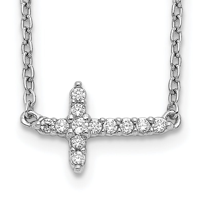 14k White Gold 1/10 carat Diamond Sideways Cross 18 inch Necklace