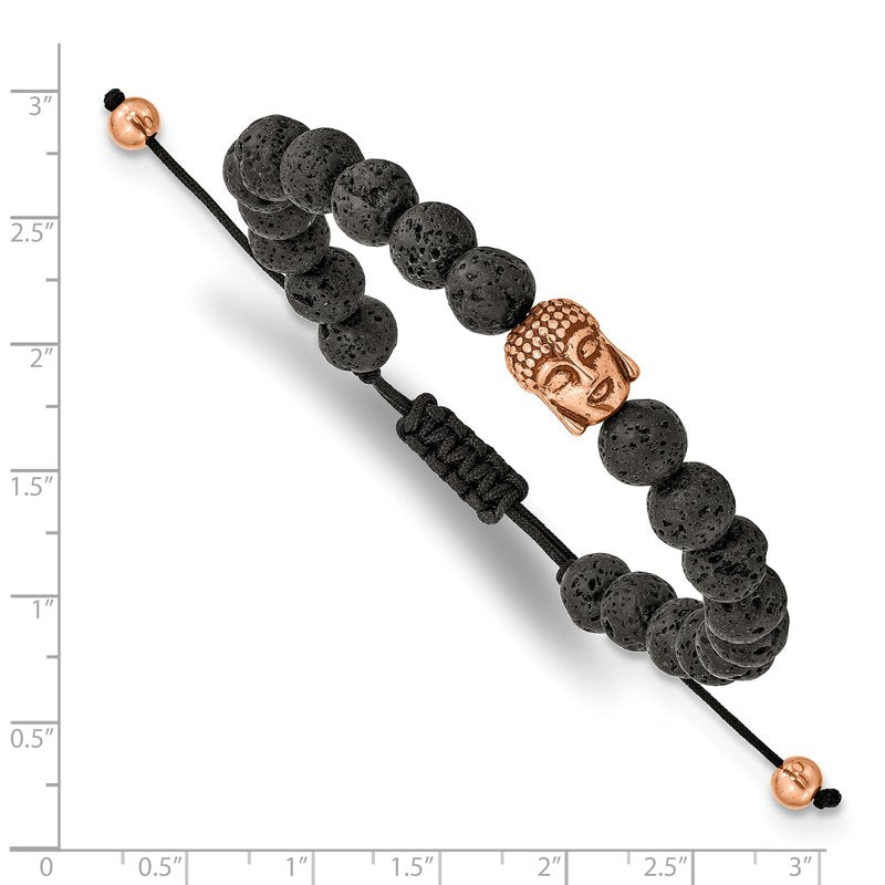 Stainless Steel Antiqued and Polished Rose IP-plated Buddha Lava Stone Black Macrame Adjustable Bracelet