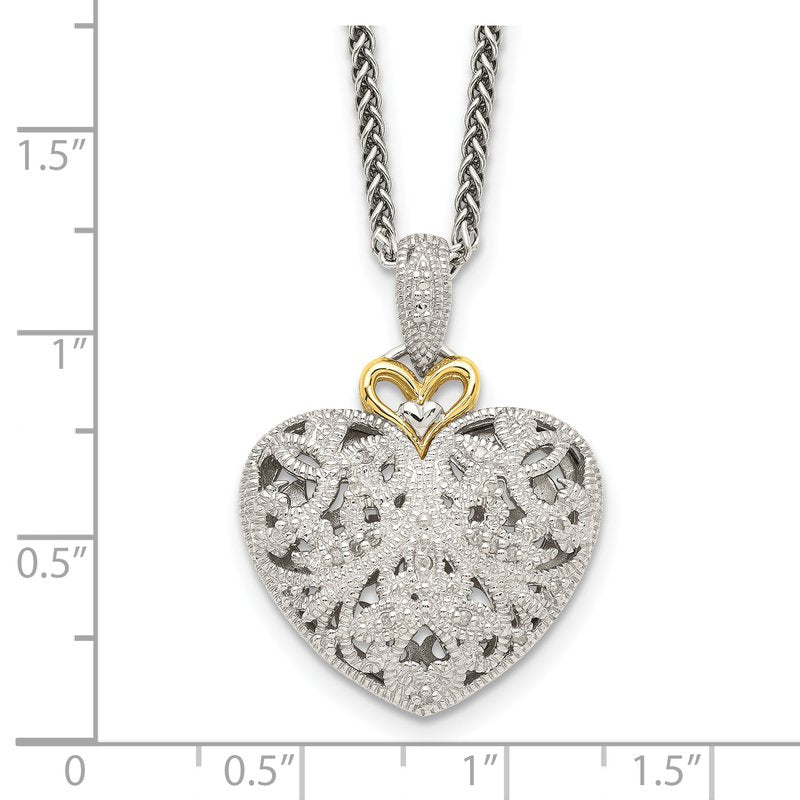 Sterling Silver Antiqued with 14K Accent 18 Inch Diamond Vintage Heart Necklace