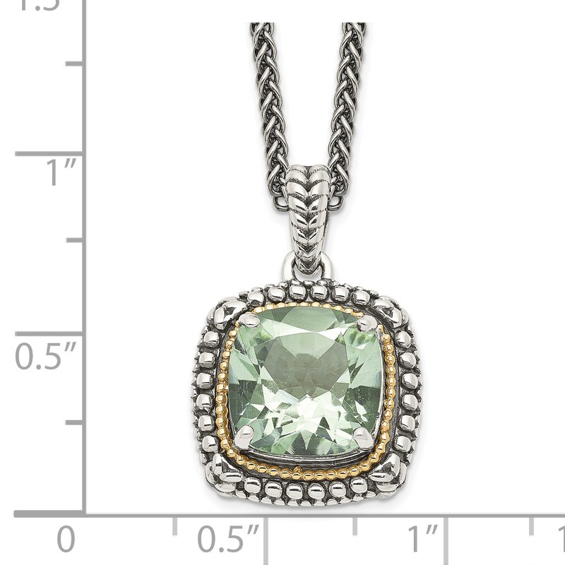 Sterling Silver with 14K Accent 18 Inch Antiqued Cushion Green Quartz Necklace