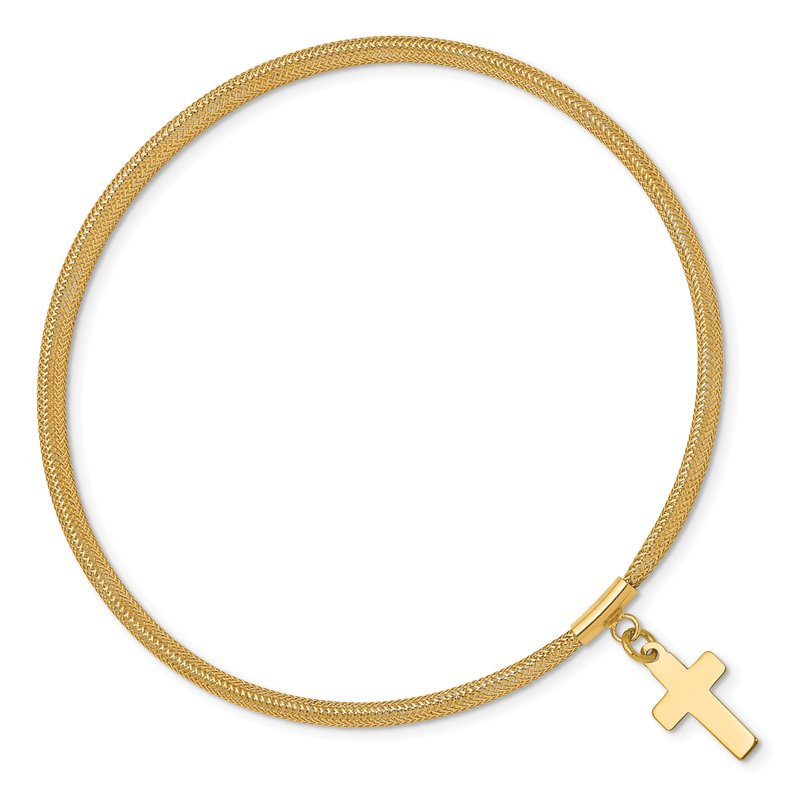 14K 4mm Cross Dangle Woven Mesh Slip-on Stretch Bracelet