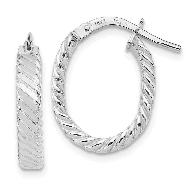 14K White Gold 3mm Patterned Oval Hoop Earrings