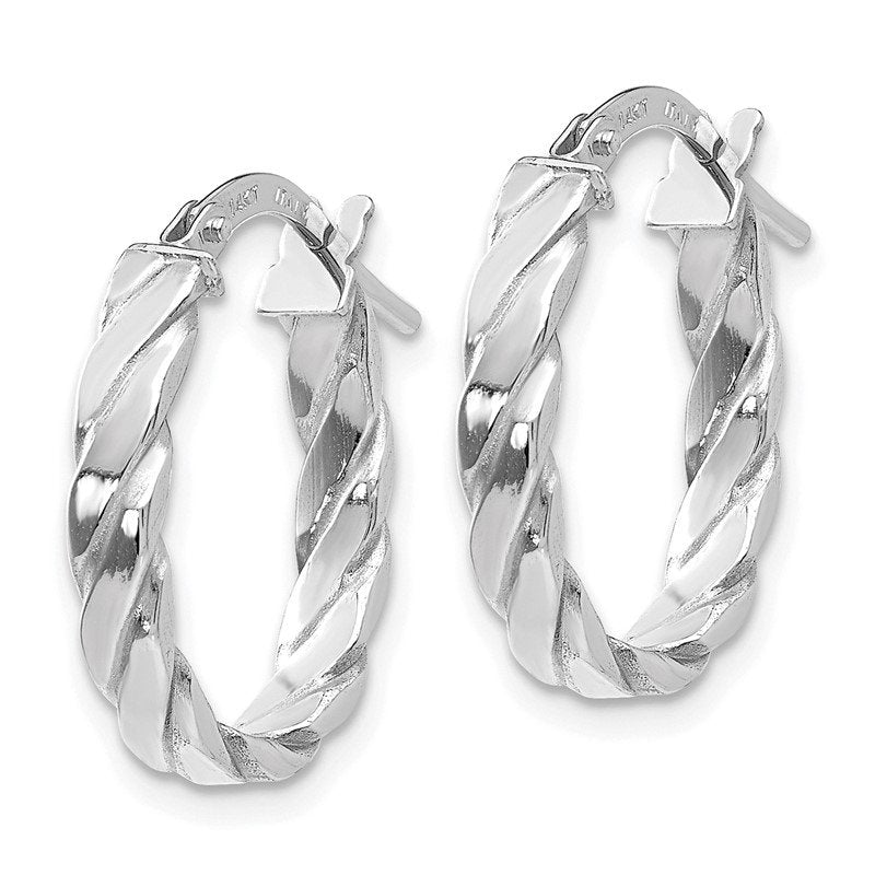 14K White Gold 3mm Patterned Oval Hoop Earrings