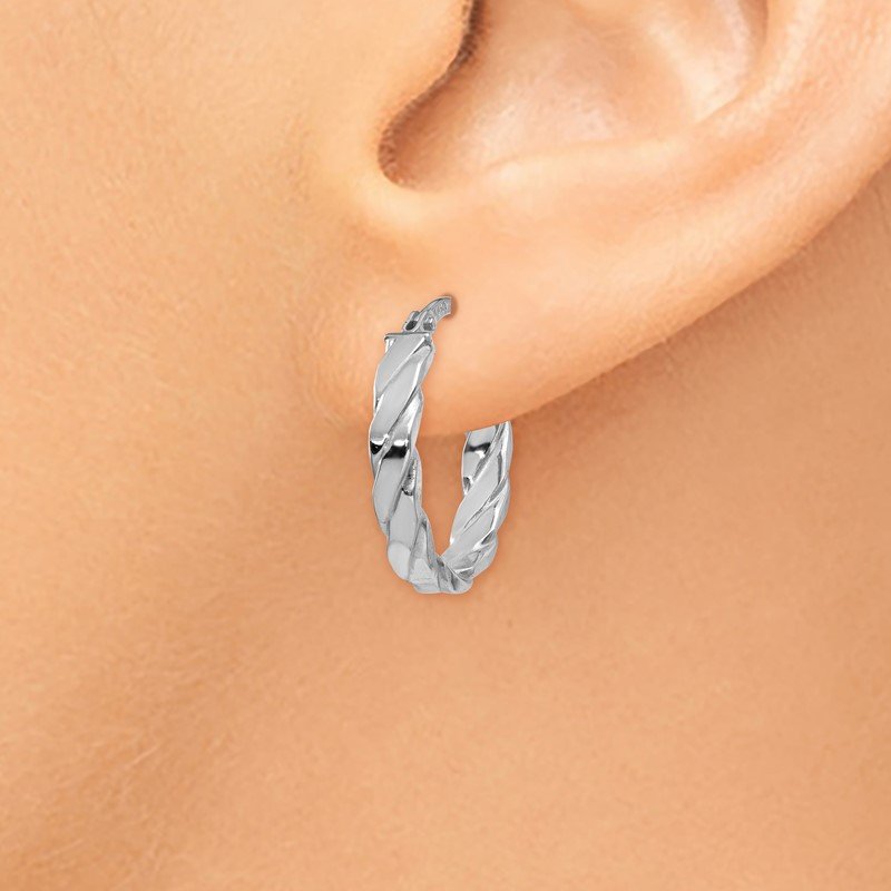 14K White Gold 3mm Patterned Oval Hoop Earrings