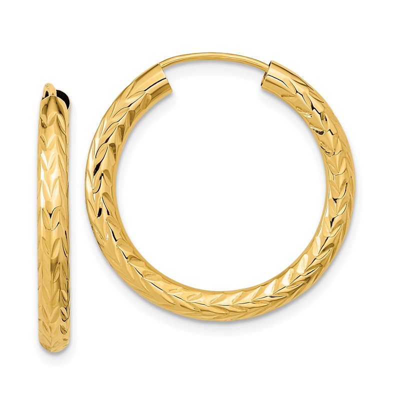 14k 3.00x25mm Polished Diamond-cut Endless Tube Hoop Earrings