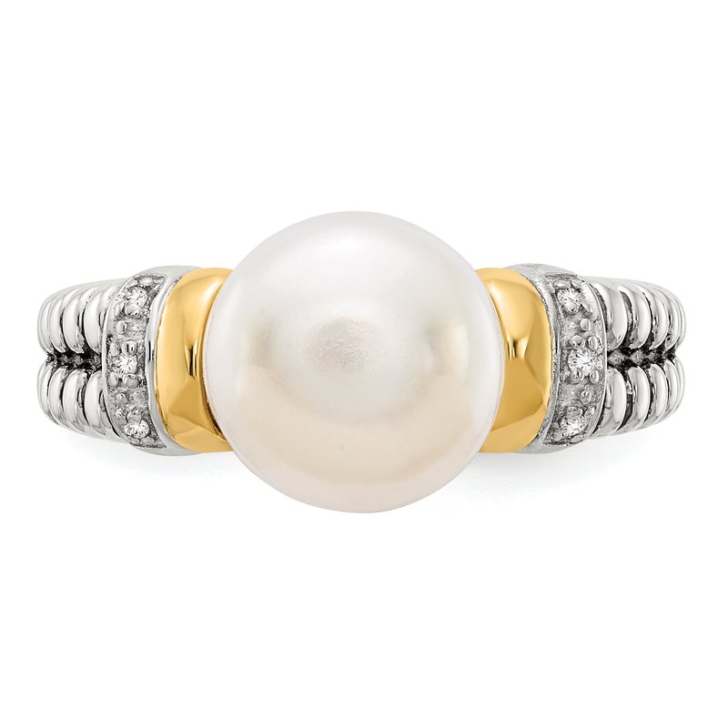 Sterling Silver with 14K Accent Antiqued Diamond and 9.5-10mm Freshwater Cultured Pearl Ring