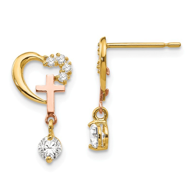 14k Madi K Two-tone CZ Children's Cross &amp; Heart Post Earrings