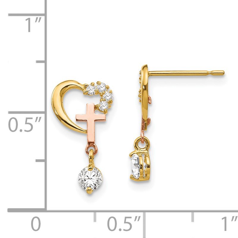 14k Madi K Two-tone CZ Children's Cross & Heart Post Earrings