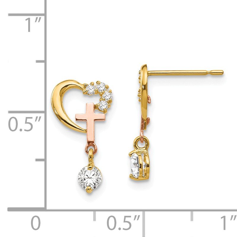 14k Madi K Two-tone CZ Children's Cross & Heart Post Earrings