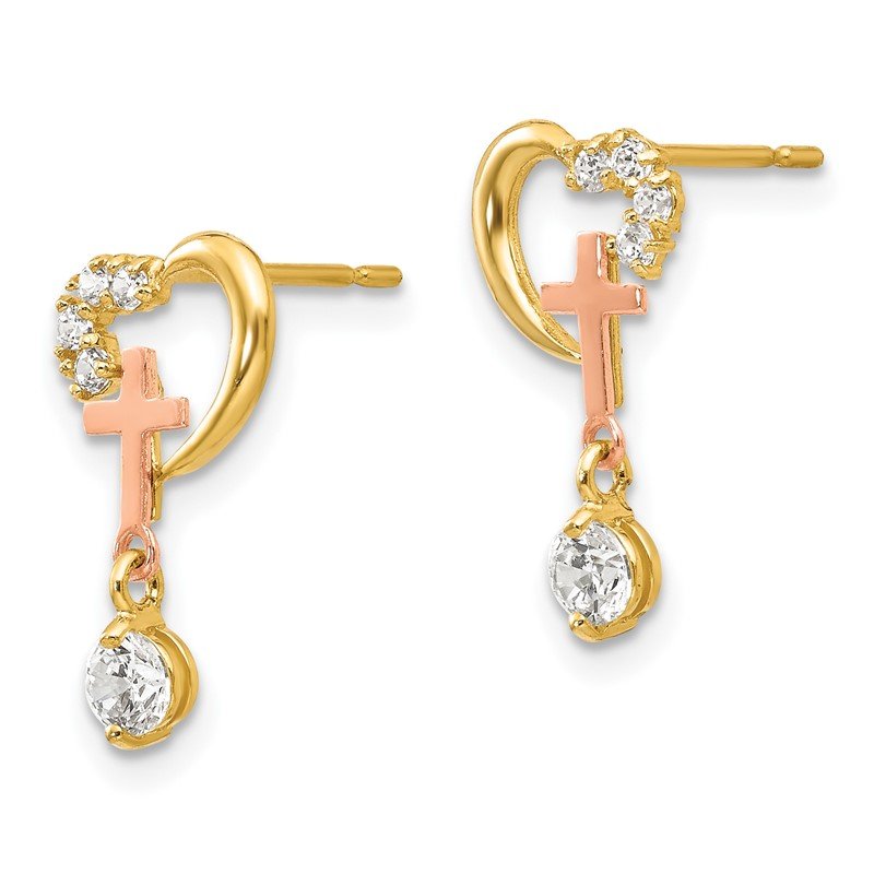 14k Madi K Two-tone CZ Children's Cross &amp; Heart Post Earrings