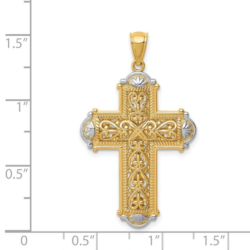 14K and White Rhodium Diamond-cut Reversible Cross Pendant