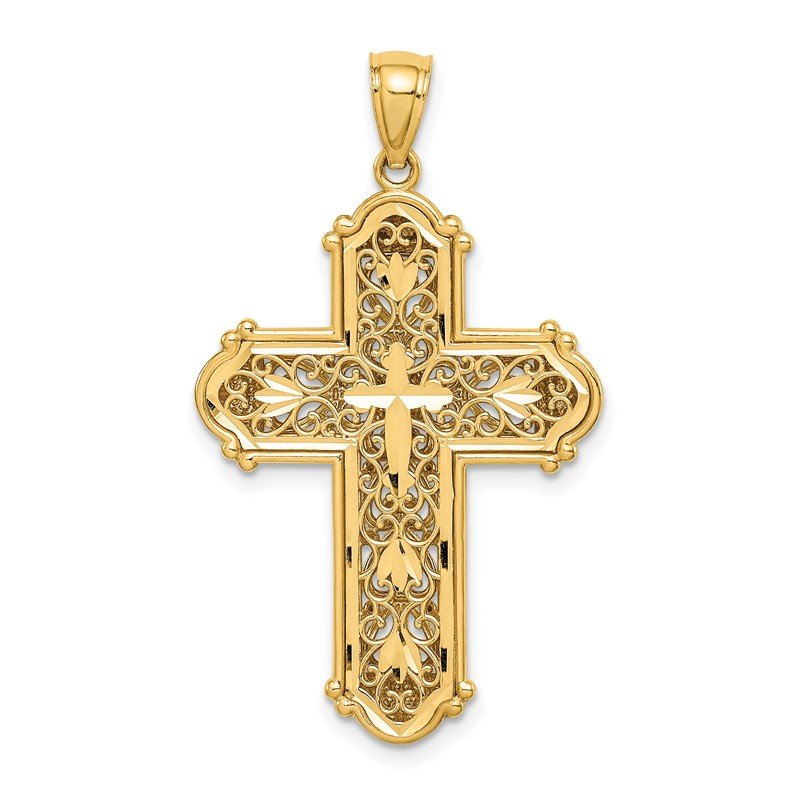 14K and White Rhodium Diamond-cut Reversible Cross Pendant