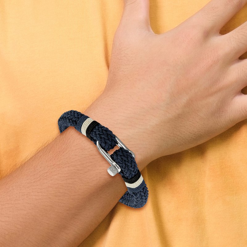 Stainless Steel Polished Woven Navy Blue Cotton 8.5 inch Bracelet