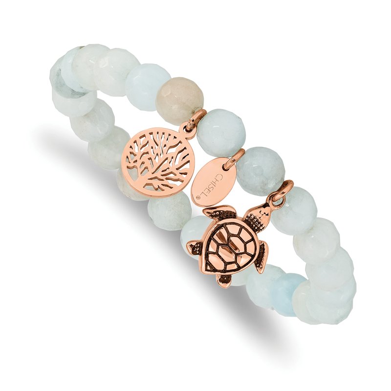 Stainless Steel Antiqued and Polished Rose IP-plated 8mm Blue/Grey Dyed Jade Beaded Stretch Bracelet