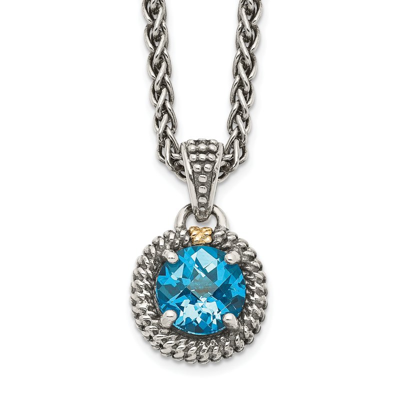 Sterling Silver with 14K Accent 18 Inch Antiqued Round Blue Topaz Necklace