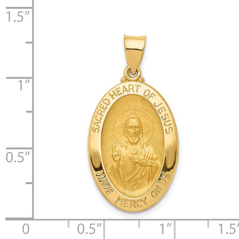 14k Polished and Satin Hollow Sacred Heart of Jesus Medal Oval Pendant