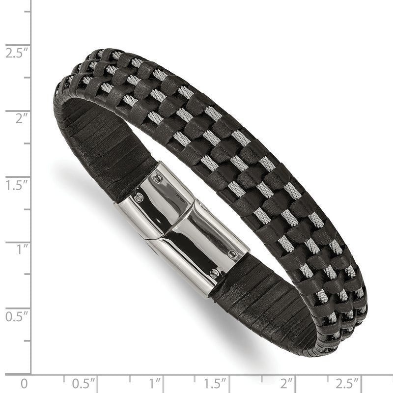 Stainless Steel Polished Wire Cable and Black Leather 8.5 inch Bracelet