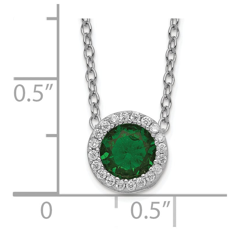 Sterling Silver Rhodium-plated Brilliant-cut Green Glass and Brilliant-cut White CZ Halo 18 Inch Necklace