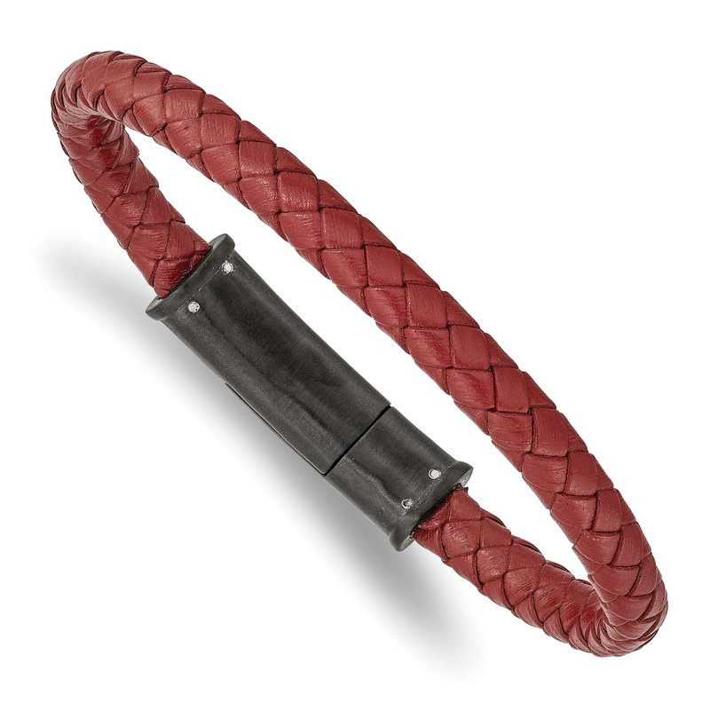 Stainless Steel Brushed Black IP-plated Red Braided Leather 8.5 inch Bracelet