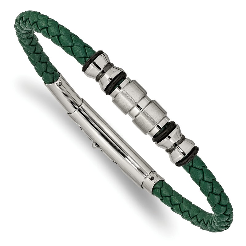 Stainless Steel Brushed and Polished Black IP-plated with Rubber Green Braided Leather Adjustable 7.75 to 8.25 inch Bracelet