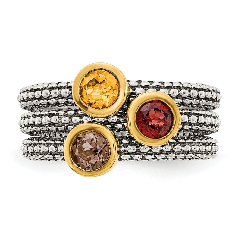 Sterling Silver Gold-tone Flash Gold-plated Antiqued Round Bezel .30Garnet/.20Citrine/.20Smoky Quartz 3 Stackable Rings