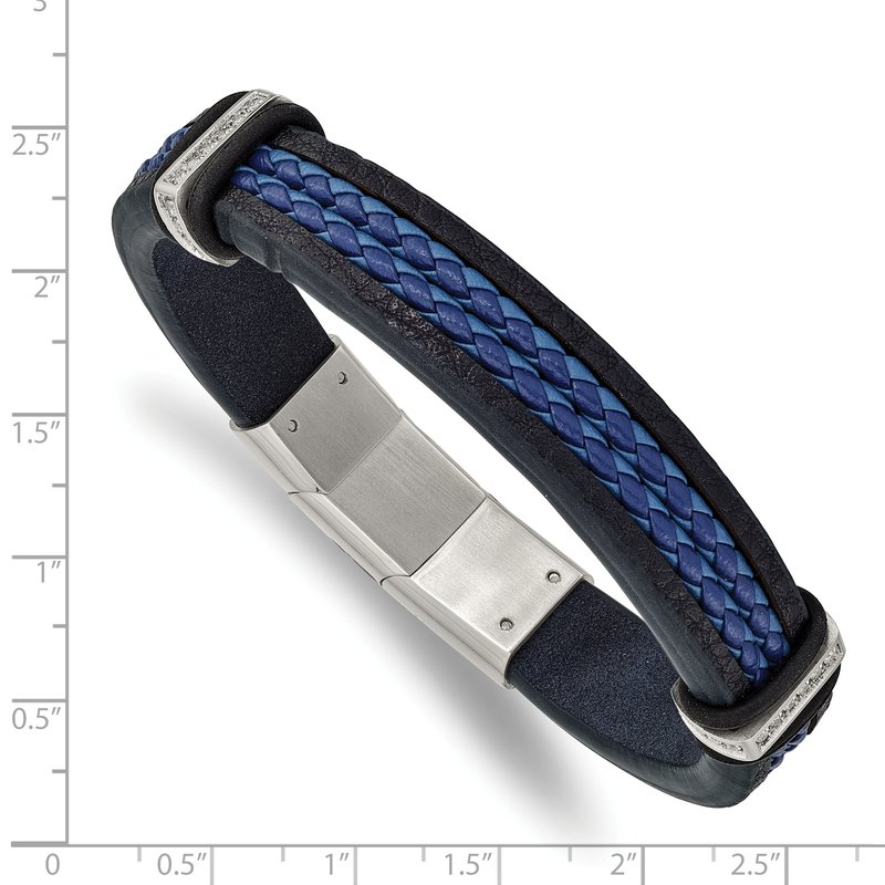 Stainless Steel Polished with CZ Black and Blue Braided Leather 8 inch Bracelet with .5 inch Extension