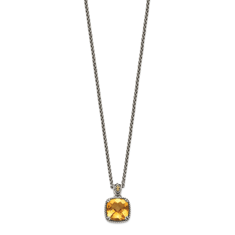 Sterling Silver with 14K Accent 18 Inch Antiqued Checkerboard Cushion Citrine Necklace