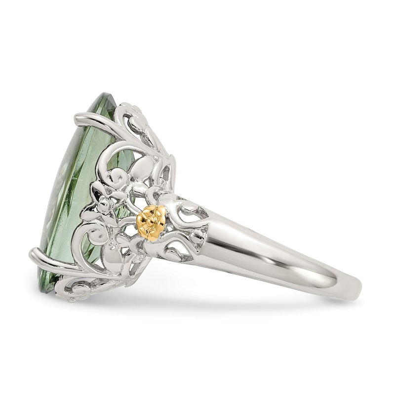 Sterling Silver Rhodium-plated with 14K Accent Oval Green Quartz Ring