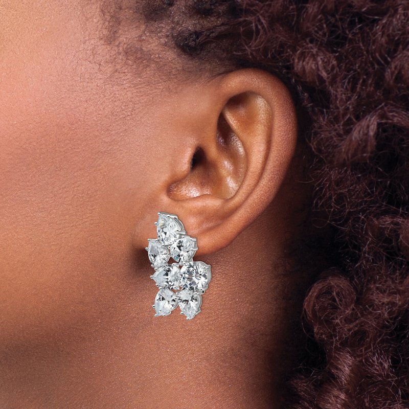 Sterling Silver Rhodium-plated Fancy Brilliant-cut CZ Cluster Omega Back Earrings