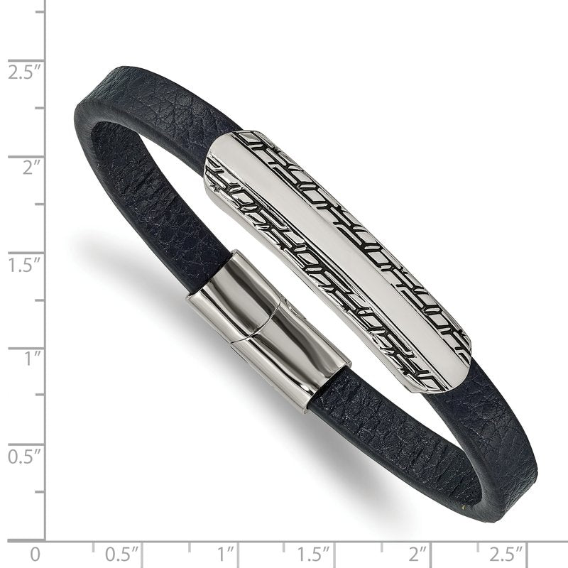 Stainless Steel Antiqued and Polished Navy Blue Leather 8.25 inch Bracelet