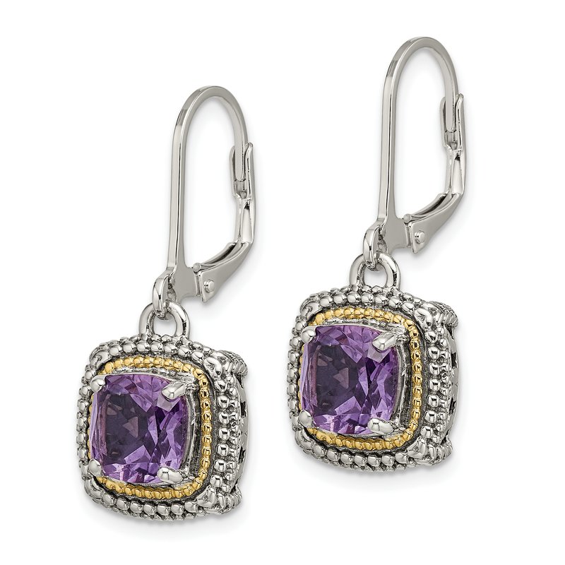 Sterling Silver with 14K Accent Antiqued Cushion Amethyst Leverback Earrings