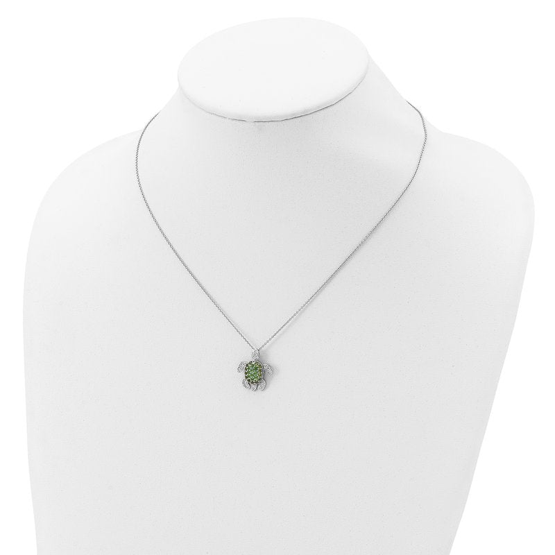 Sterling Silver Rhodium-plated Brilliant-cut Green Glass and Brilliant-cut White CZ Turtle 18 Inch Necklace