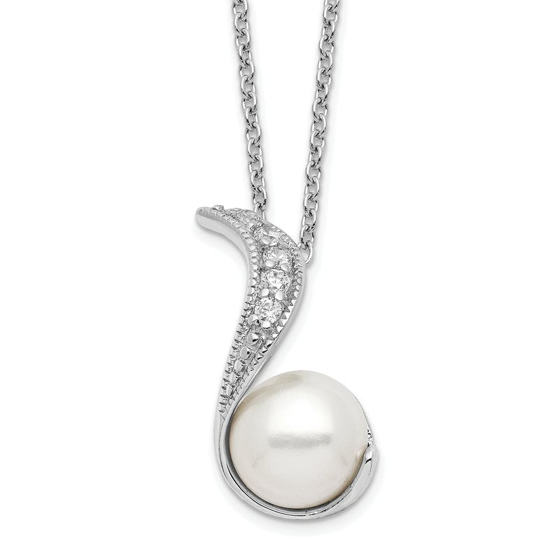 Sterling Silver Rhodium-plated Freshwater Cultured Pearl and Brilliant-cut CZ Swirl 18 Inch Necklace