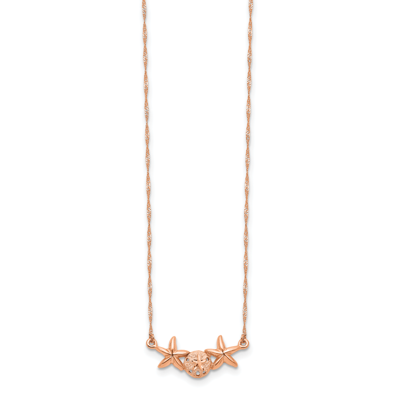 14K Rose Gold Brushed and Polished Sand Dollar and Starfish 17 inch Necklace