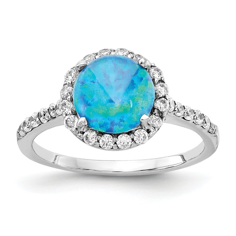 Sterling Silver Rhodium-plated Cabochon Lab Created Blue Opal and Brilliant Cut CZ Halo with Side Stones Ring