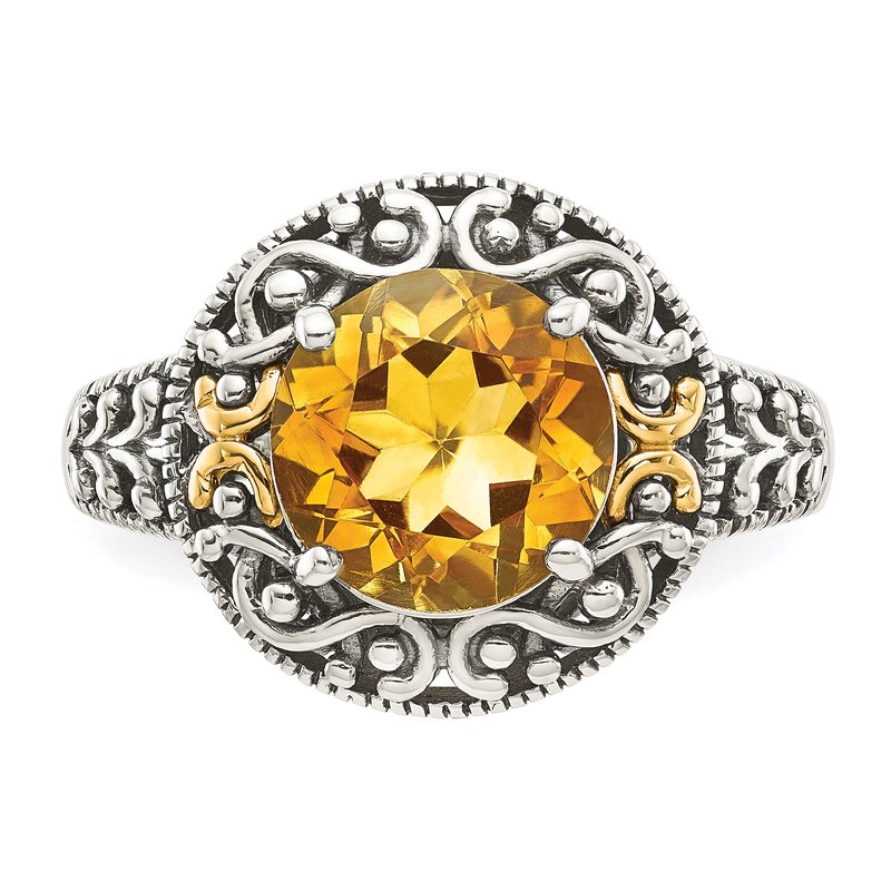 Sterling Silver with 14K Accent Antiqued Round Citrine Ring