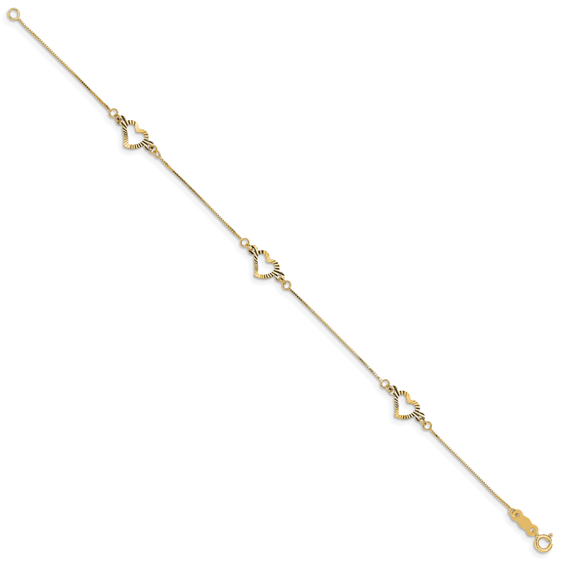 14K Fancy Textured Open Heart 3-Station 7.25 inch Bracelet