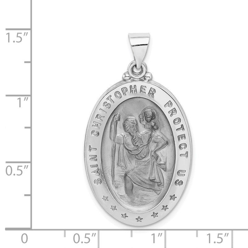 14k White Gold Polished and Satin Hollow Saint Christopher Medal Oval Pendant