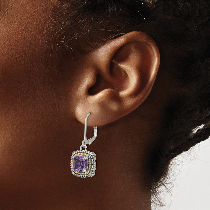 Sterling Silver with 14K Accent Antiqued Cushion Amethyst Leverback Earrings