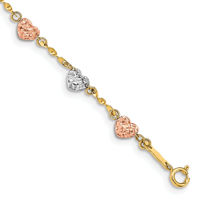 14k Tri-color Diamond-cut Puffed Heart 7 inch Bracelet