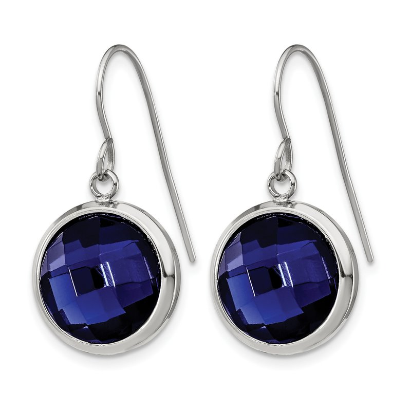 Stainless Steel Polished with Blue Glass Dangle Shepherd Hook Earrings