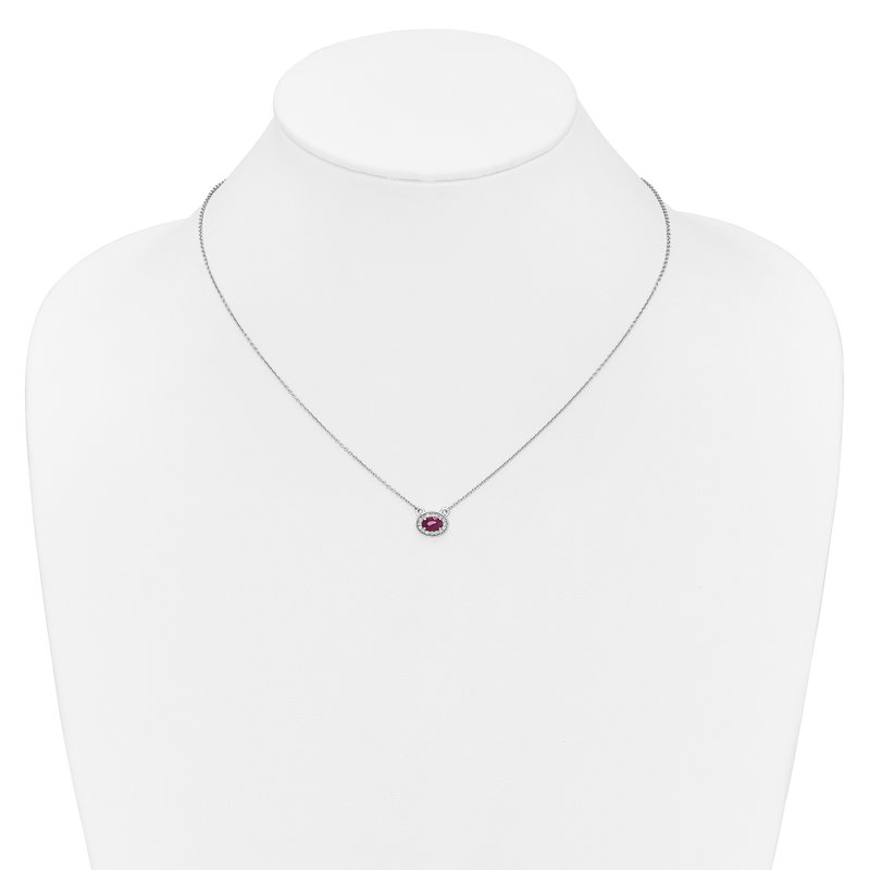 14k White Gold Diamond and 6x4mm Oval Ruby Halo East-West 18 inch Necklace