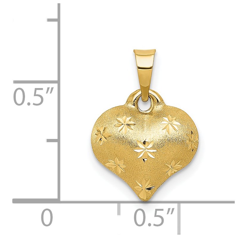 14K Polished and Satin Diamond-cut 3-D Puffed Heart Pendant
