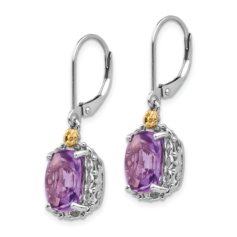 Sterling Silver Antiqued with 14K Accent Cushion Amethyst Leverback Dangle Earrings