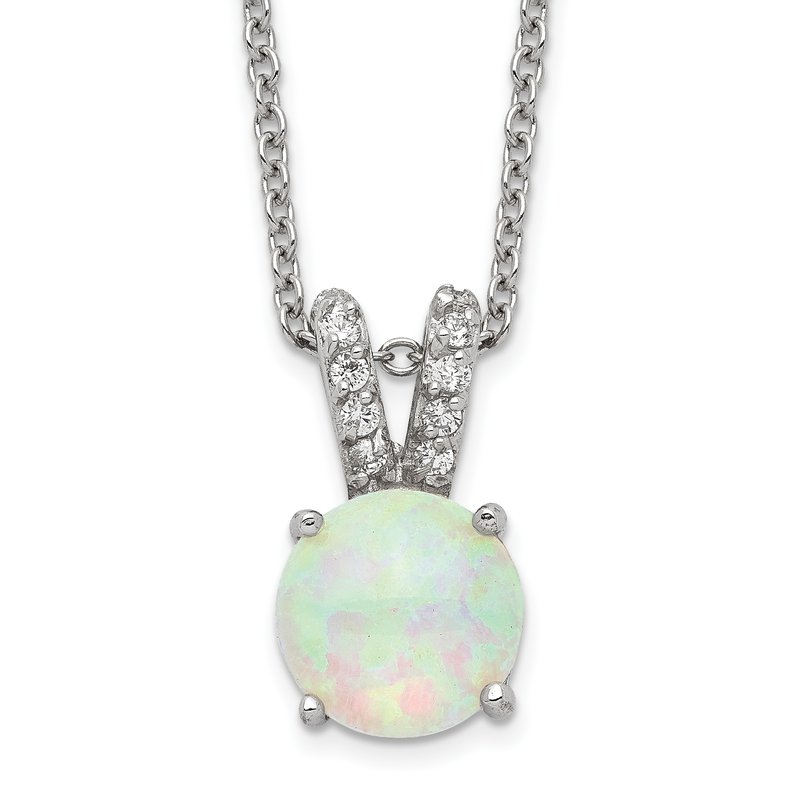 Sterling Silver Rhodium-plated Cabochon Lab Created Opal and Brilliant-cut CZ Split Bail 18 Inch Necklace